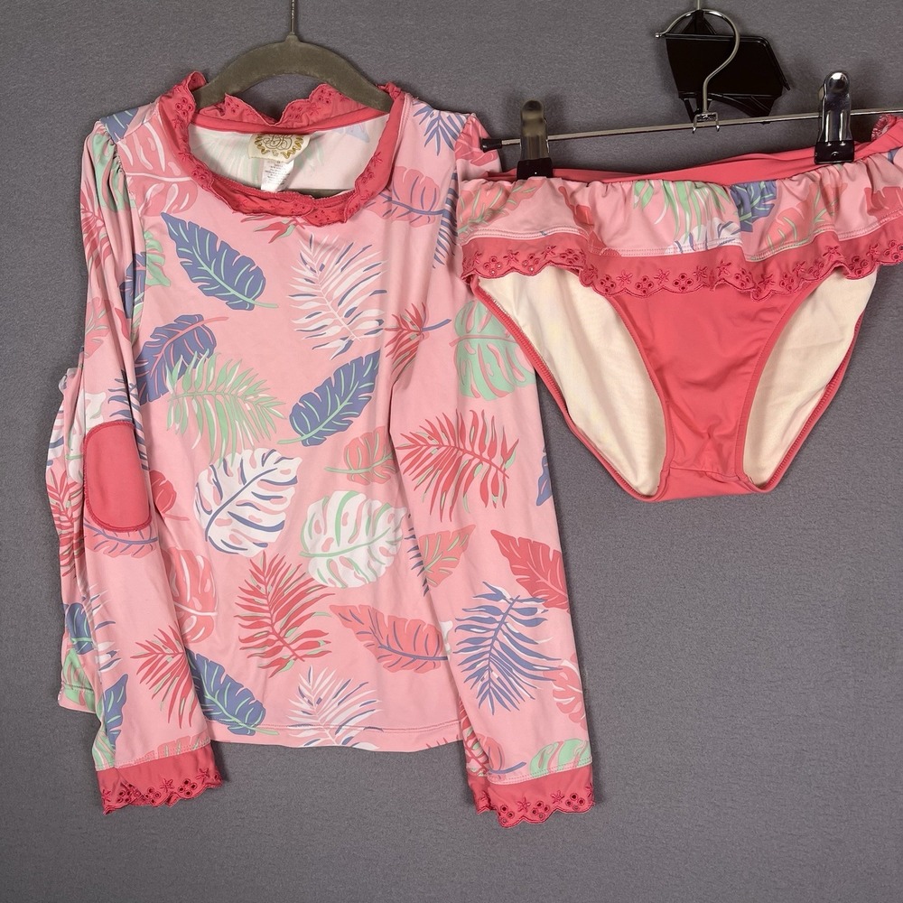 TBBC The Beaufort Bonnet Company Girl 2pc Pink Floral Swimsuit Sz 10 Rash Guard